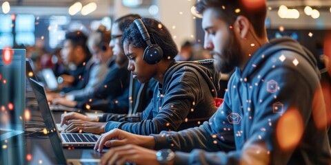 Wall Mural -  a shot of hackathon participants intensely working on their laptops, with screens displaying lines of code and diagrams, Technology, IT specialist, hackathon, code and di