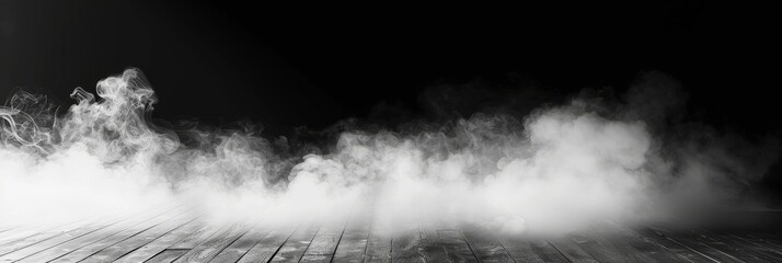 Poster - white fog fills the foreground of a dark room, obscuring a wooden floor. the fog billows upwards, cr