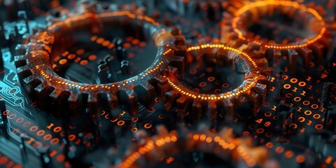 Canvas Print - RUST programming language concept, featuring rusty gears intricately combined with binary code on a dark, tech-themed background, symbolizing the fusion of old machinery and modern programming