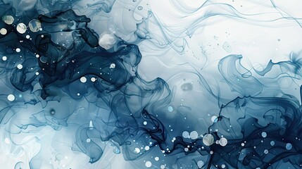 Wall Mural - Abstract design featuring blue and gray ink splashes with glowing orbs as wallpaper