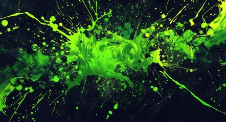 Wall Mural - Green Splatter. Abstract Neon Paint Effect on a Dark Background