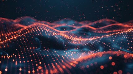 Poster - A digital landscape with a grid of glowing orange lights, pulsating against a dark blue background