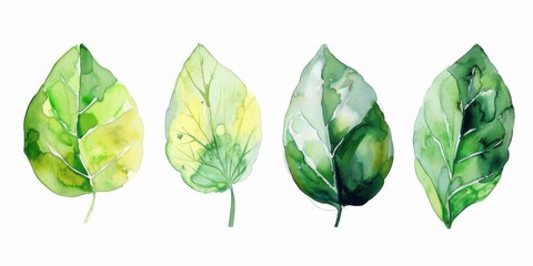 Green Watercolor Leaves Set. Botanical Decorations in Spring Colors