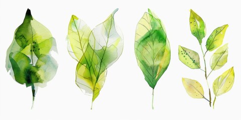 Green Watercolor Leaves Set. Botanical Illustration with Spring Blossoms in Various Green Colors