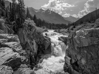 Wall Mural - A picturesque mountain stream flowing through a wilderness area with a waterfall and rocky cliffs. Suitable for outdoor adventures, nature photography, and travel.