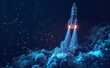 © VIK - Low poly wireframe 3D modern illustration in technology blue on a dark background. Abstract space shuttle launches into space. Glowing rocket and smoke under it. Digital start-up and success concept.