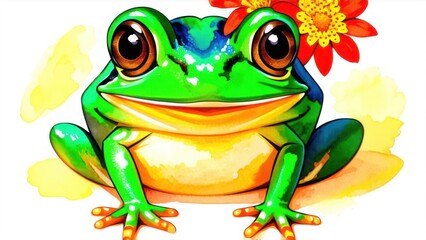 cute frog with flowers, watercolor 1 September illustration with cartoon character good for card and print design