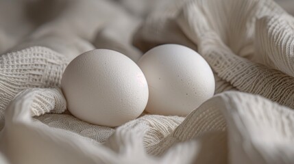 Wall Mural - Two white eggs are resting on a soft cloth from a bird s eye view