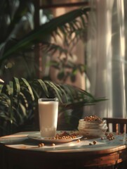 Wall Mural - Cup of milk on a table with nuts, possibly almonds or cashews.