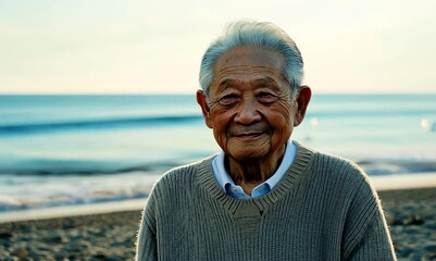 Wall Mural - Portrait of a 100-year-old elderly chinese man in a beach background wearing a chic cardigan