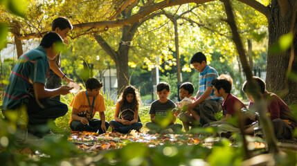 Children learning in outdoor classroom under a tree in autumn