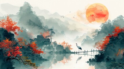 Wall Mural - Crane birds modern template with abstract background illustration in a mountain forest.