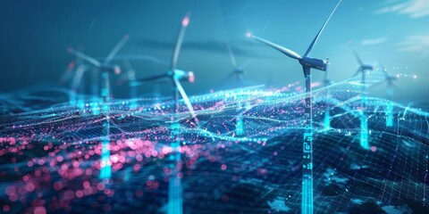 Futuristic digital windmill technology harnessing sustainable energy in blue ocean landscape background, wind turbines technological power alternative. green power, innovation resource