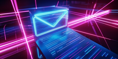 Wall Mural - Futuristic electronic mail documentation concept with glowing blue neon envelope and paper document. 3D Illustration, with copy space