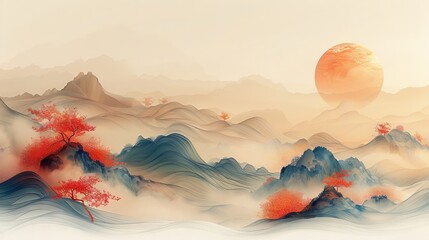 Wall Mural - Japanese wave template with natural art in oriental style. Abstract landscape background with line pattern modern.