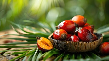 Wall Mural - Fresh palm oil fruits in close up with space for text selective focus