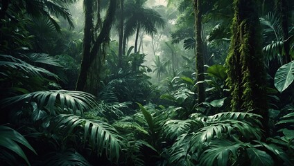 A dense forest Plaster-style illustration of tropical foliage with rich textures - high contrast