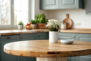 Empty beautiful round wood tabletop counter on interior in clean and bright kitchen background, Ready for display, Banner, for product montage - generative ai