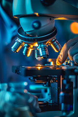 Wall Mural - Scientist Examining Samples Under Microscope: Close-Up of Lens and Hands in Laboratory Setting