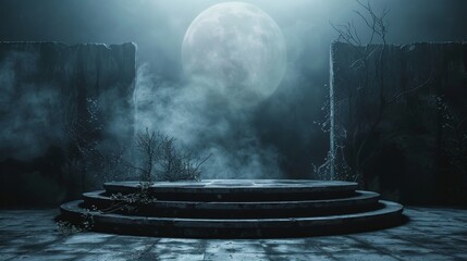 A stone platform with steps sits in a foggy landscape under a full moon