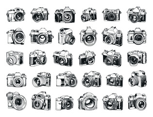 Wall Mural - Various Photo Cameras Engraved Icon Set Vintage Style Photography Equipment Retro Illustrations Graphic Design Elements