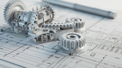 Intricate metal gears and mechanical components placed on detailed technical blueprints of machinery, symbolizing engineering and precision.