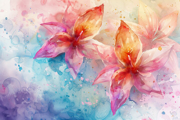 Wall Mural - A painting of three pink flowers with yellow centers.