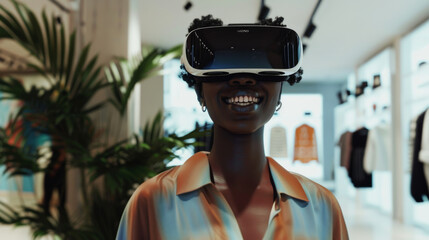 A smiling individual experiences virtual reality in a store, their excitement palpable as they immerse themselves in a digital adventure.