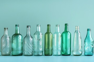 Sticker - A Colorful Collection of Vintage Glass Bottles on a Soft Blue Background