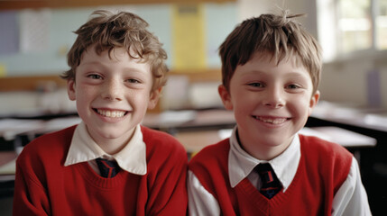 Two boys in matching red school uniforms smile broadly at the camera, sitting in a brightly lit classroom setting.