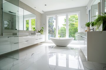 Wall Mural - Modern bathroom featuring a freestanding bathtub, large windows with lush green views, and sleek white decor