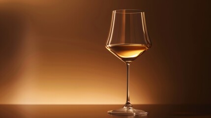 A wine glass is filled with a golden liquid