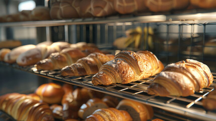 Wall Mural - Golden croissants cooling on a metal rack in a warmly lit bakery, evoking a sense of comfort and indulgence.