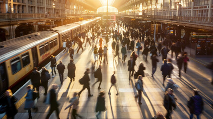 Wall Mural - People rush through a sunlit train station during the busy morning hours, casting long shadows on the floor.