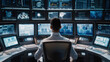 © VK Studio - A man seated in an advanced control room, surrounded by multiple screens displaying complex data and graphics, highlights modern technology and surveillance.