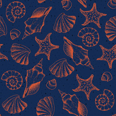 Aufkleber - Colorful illustration of underwater world. Vector seamless pattern with hand drawn orange scallop shells on dark blue background. Beautiful sea