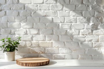 Wall Mural - Empty wooden pedestal on kitchen table before white brick wall - generative ai