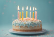 © FrameFinesse - Birthday cake with 7 (seven) candles on pastel blue background with copy space
