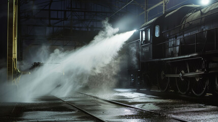 Wall Mural - An old steam locomotive emits a billow of steam under stark night lighting, giving a dramatic, nostalgic feel at an industrial railway station.