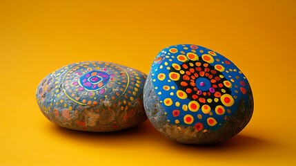 Two Painted Rocks on a Yellow Background