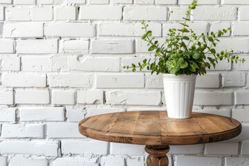 Wall Mural - Empty wooden pedestal on kitchen table before white brick wall - generative ai