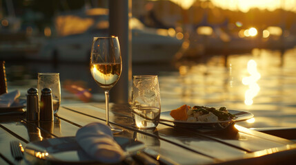 An elegant marina dinner setup under golden light with glasses and plates arrayed beautifully on a wooden table, boats in the background.