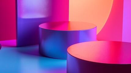 Poster - A vibrant and modern backdrop with two platforms in the foreground and colorful geometric shapes in the background. The image creates a contemporary and eye-catching setting for showcasing products or