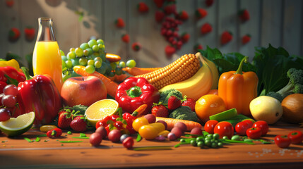 Canvas Print - A vibrant and colorful array of fresh fruits and vegetables displayed artistically on a wooden table, with a peaceful background.