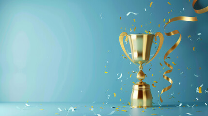 a golden trophy adorned with colorful ribbons and confetti against a blue background, celebrating a 