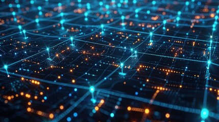 Poster - A digital grid with glowing blue lines and orange nodes extends across the dark, futuristic landscape