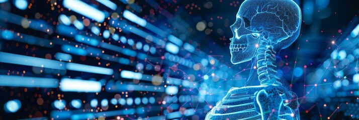 Wall Mural - A glowing blue digital skeleton with a futuristic background of neon lights, symbolizing innovation, artificial intelligence, technology, connection, and the human body. - A glowing blue digital skele