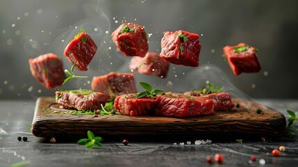 Wall Mural - Captivating Display of Fresh Beef Cubes in Mid-Air with Herbs and Spices