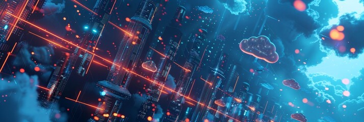 Wall Mural - A futuristic city with glowing lights and cloud formations, symbolizing innovation, connectivity, data storage, and digital transformation. - A futuristic city with glowing lights and cloud formations