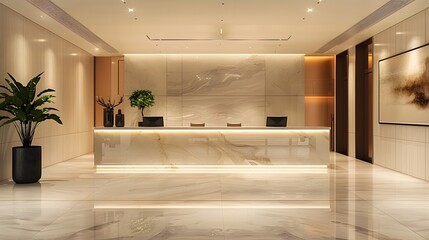 A modern and elegant hotel reception area featuring a stylish marble counter, soft ambient lighting, and tasteful decor. 